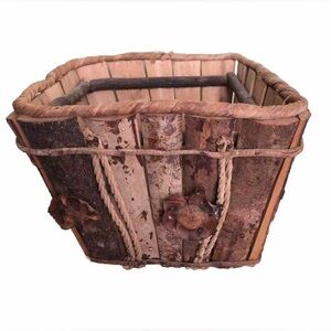 Vtg Handmade Wood Slat Square Basket- Folk Art Rustic Farmhouse Cottage Planter